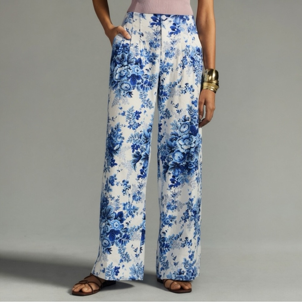 ANTHROPOLOGIE MAEVE Corseted Printed Wide Leg Trousers Linen Blend